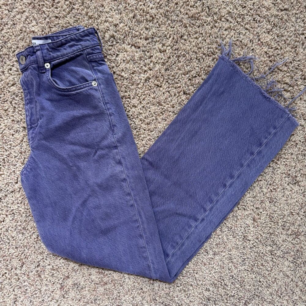 zara women size 2 jeans denim high rise wide leg purple